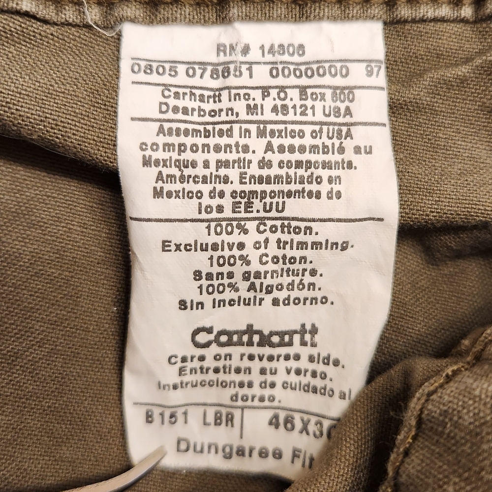 Carhartt Canvas Work Dungaree Men's Size 46x30 Dark Khaki B151 - Picture 5 of 7